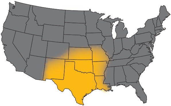 Map of the United States with Kansas, Oklahoma, Arkansas, Missouri, Louisiana, Texas, & New Mexico highlighted yellow.
