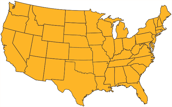 United States map with states highlighted yellow.
