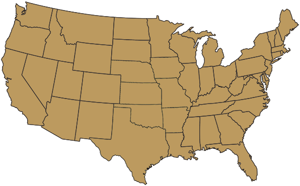 United States map with states highlighted light brown.