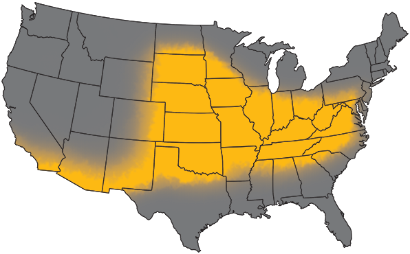 Map of the United States with portions of the Southwest, Central, Great Lake and Mid-Atlantic states highlighted yellow.