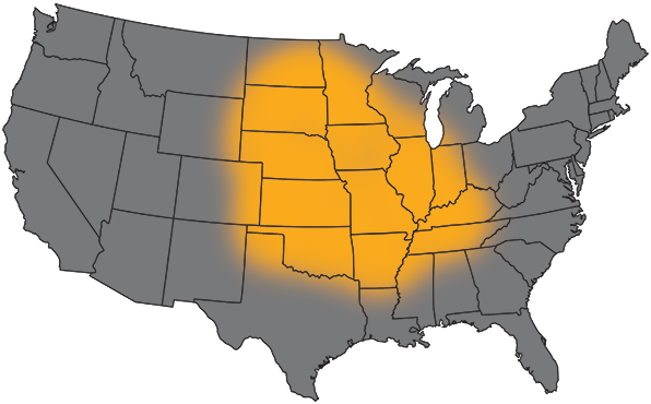Map of the United States with portions of the Central and Great Lake states highlighted yellow.