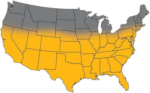 Map of the United States with the Southwest and South as well as portions of the West, Midwest and Northeast highlighted yellow.